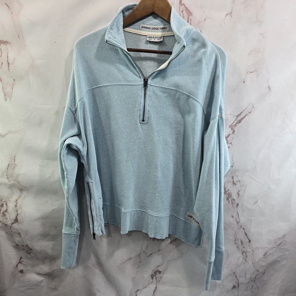 Life is Good Pullover Womens Medium Blue Cotton Half Zip Sweatshirt Lightweight